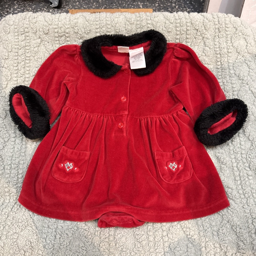 Vtg Bright Future Red Velvet Holiday Dress Faux Fur Collar Infant 6-9m Christmas